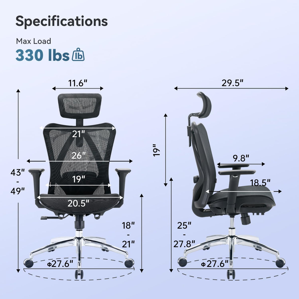 SIHOO M57 Ergonomischer Bürostuhl, Chefsessel mit 3D verstellbare Armlehne und Lendenwirbelstütze, Hautfreundliche Netz-Hochlehne, Schreibtischstuhl bis 150kg/330LB Belastbar(schwarz)
