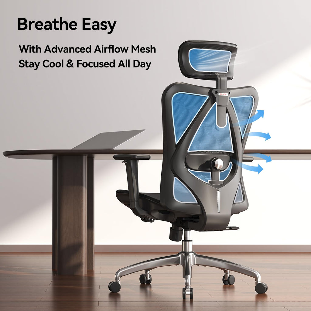 SIHOO M57 Ergonomischer Bürostuhl, Chefsessel mit 3D verstellbare Armlehne und Lendenwirbelstütze, Hautfreundliche Netz-Hochlehne, Schreibtischstuhl bis 150kg/330LB Belastbar(schwarz)