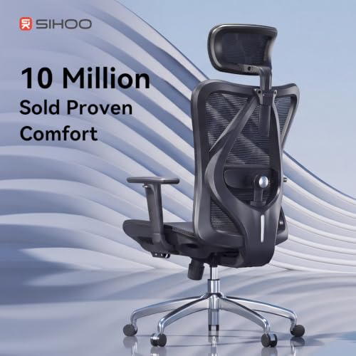 SIHOO M57 Ergonomischer Bürostuhl, Chefsessel mit 3D verstellbare Armlehne und Lendenwirbelstütze, Hautfreundliche Netz-Hochlehne, Schreibtischstuhl bis 150kg/330LB Belastbar(schwarz)