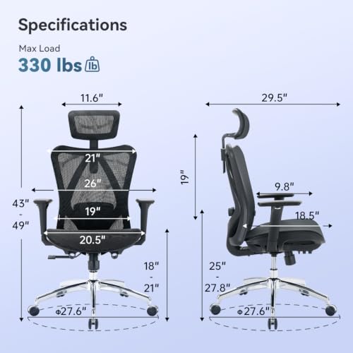 SIHOO M57 Ergonomischer Bürostuhl, Chefsessel mit 3D verstellbare Armlehne und Lendenwirbelstütze, Hautfreundliche Netz-Hochlehne, Schreibtischstuhl bis 150kg/330LB Belastbar(schwarz)