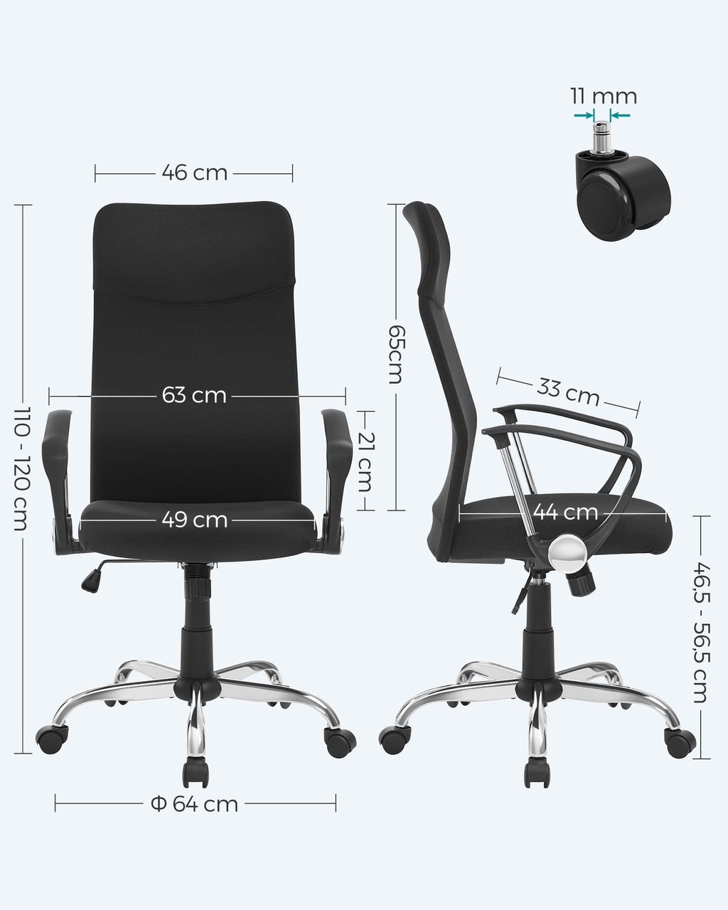 SONGMICS Bürostuhl, ergonomischer Schreibtischstuhl, Drehstuhl, gepolsterter Sitz, höhenverstellbar und neigbar, bis 120 kg belastbar, schwarz OBN034B01