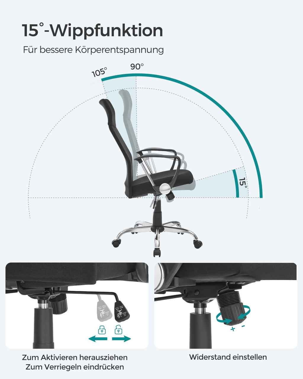 SONGMICS Bürostuhl, ergonomischer Schreibtischstuhl, Drehstuhl, gepolsterter Sitz, höhenverstellbar und neigbar, bis 120 kg belastbar, schwarz OBN034B01