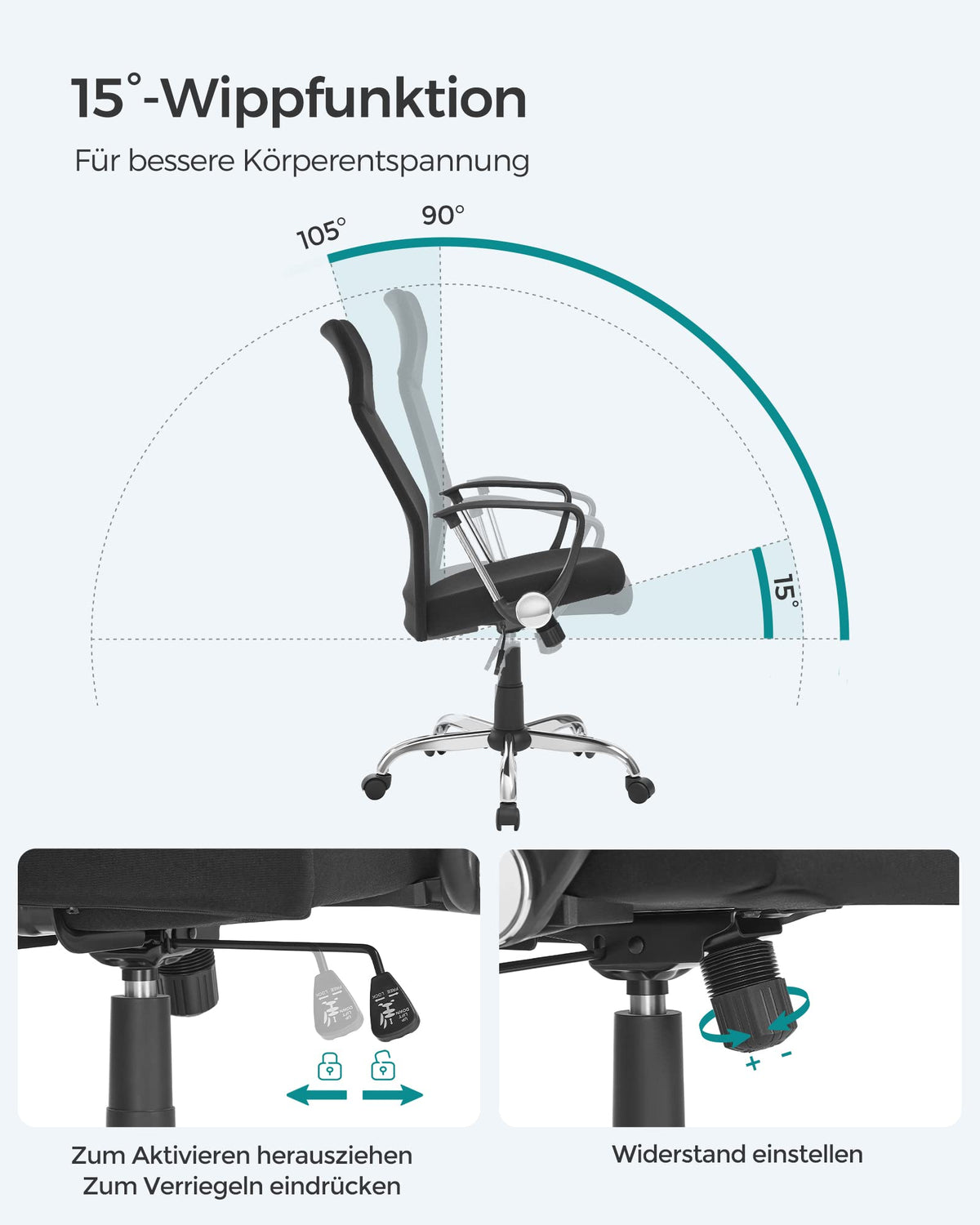 SONGMICS Bürostuhl, ergonomischer Schreibtischstuhl, Drehstuhl, gepolsterter Sitz, höhenverstellbar und neigbar, bis 120 kg belastbar, schwarz OBN034B01