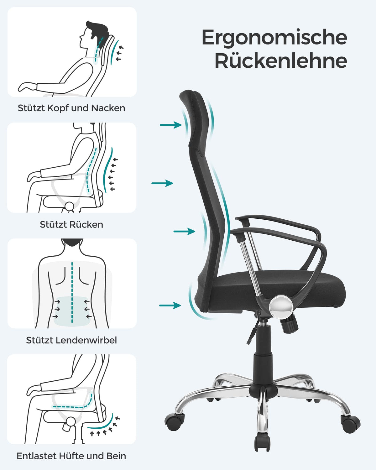 SONGMICS Bürostuhl, ergonomischer Schreibtischstuhl, Drehstuhl, gepolsterter Sitz, höhenverstellbar und neigbar, bis 120 kg belastbar, schwarz OBN034B01