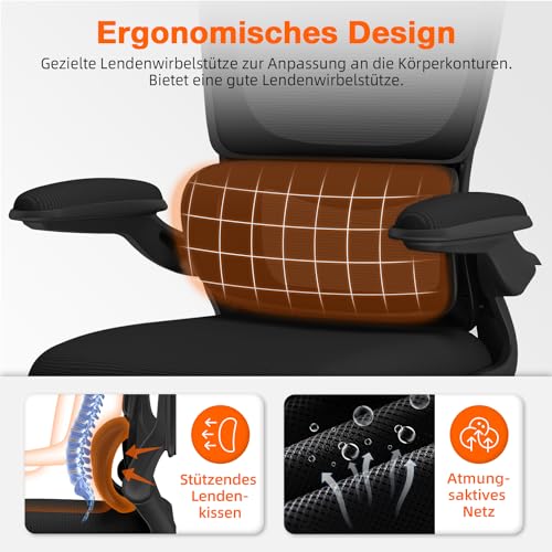 Bürostuhl, Bürostuhl Ergonomisch, Schreibtischstuhl mit Segmentierter Rückenlehne, Adaptiver Lendenstütze und 90°klappbaren Armlehnen, Schreibtischsessel Neigbar bis 135°, Office Chair mit Gummirollen