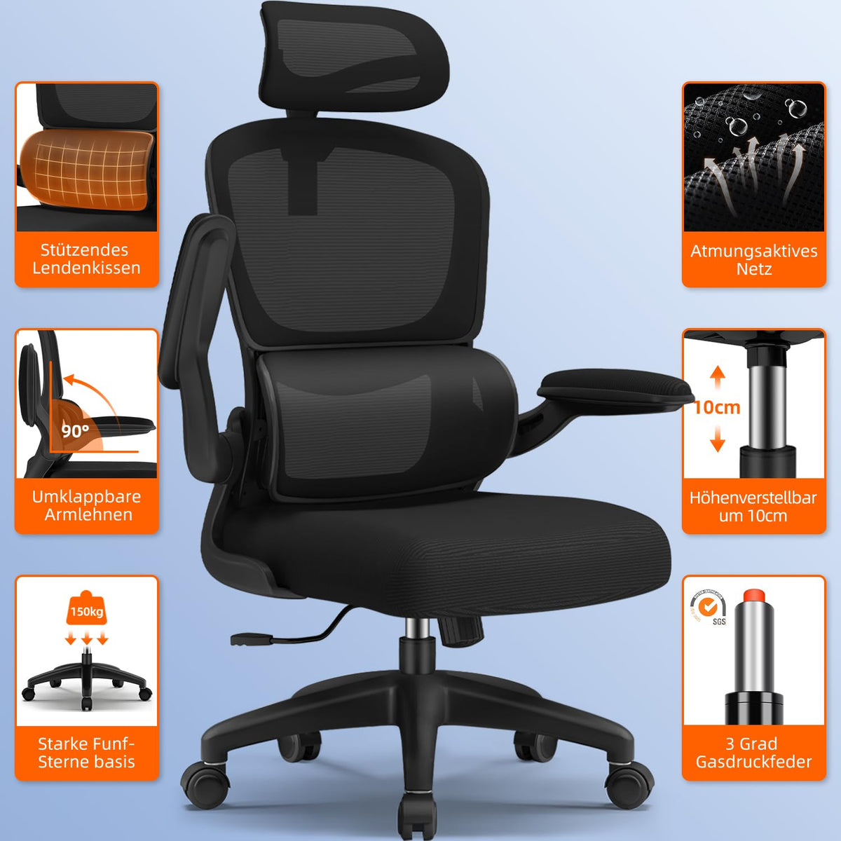 Bürostuhl, Bürostuhl Ergonomisch, Schreibtischstuhl mit Segmentierter Rückenlehne, Adaptiver Lendenstütze und 90°klappbaren Armlehnen, Schreibtischsessel Neigbar bis 135°, Office Chair mit Gummirollen