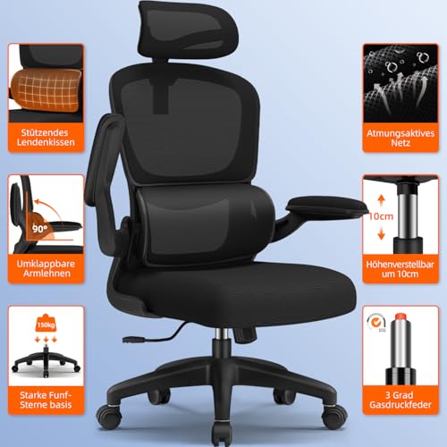 Bürostuhl, Bürostuhl Ergonomisch, Schreibtischstuhl mit Segmentierter Rückenlehne, Adaptiver Lendenstütze und 90°klappbaren Armlehnen, Schreibtischsessel Neigbar bis 135°, Office Chair mit Gummirollen