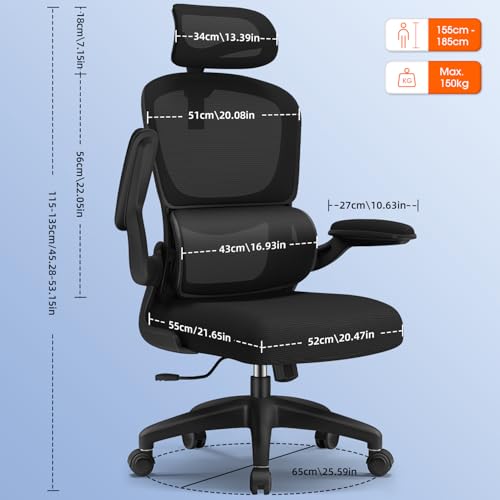 Bürostuhl, Bürostuhl Ergonomisch, Schreibtischstuhl mit Segmentierter Rückenlehne, Adaptiver Lendenstütze und 90°klappbaren Armlehnen, Schreibtischsessel Neigbar bis 135°, Office Chair mit Gummirollen