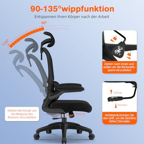 Bürostuhl, Bürostuhl Ergonomisch, Schreibtischstuhl mit Segmentierter Rückenlehne, Adaptiver Lendenstütze und 90°klappbaren Armlehnen, Schreibtischsessel Neigbar bis 135°, Office Chair mit Gummirollen