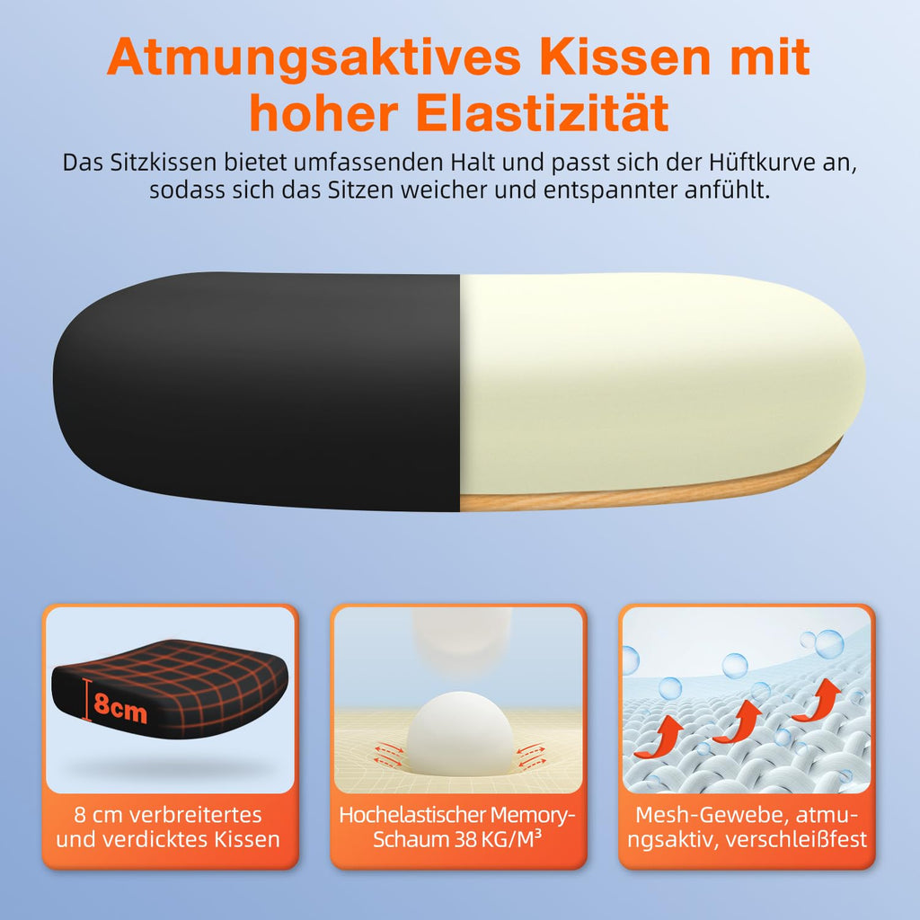 Bürostuhl, Bürostuhl Ergonomisch, Schreibtischstuhl mit Segmentierter Rückenlehne, Adaptiver Lendenstütze und 90°klappbaren Armlehnen, Schreibtischsessel Neigbar bis 135°, Office Chair mit Gummirollen