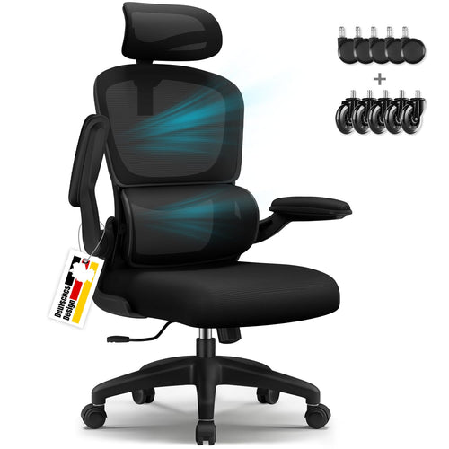 Bürostuhl, Bürostuhl Ergonomisch, Schreibtischstuhl mit Segmentierter Rückenlehne, Adaptiver Lendenstütze und 90°klappbaren Armlehnen, Schreibtischsessel Neigbar bis 135°, Office Chair mit Gummirollen