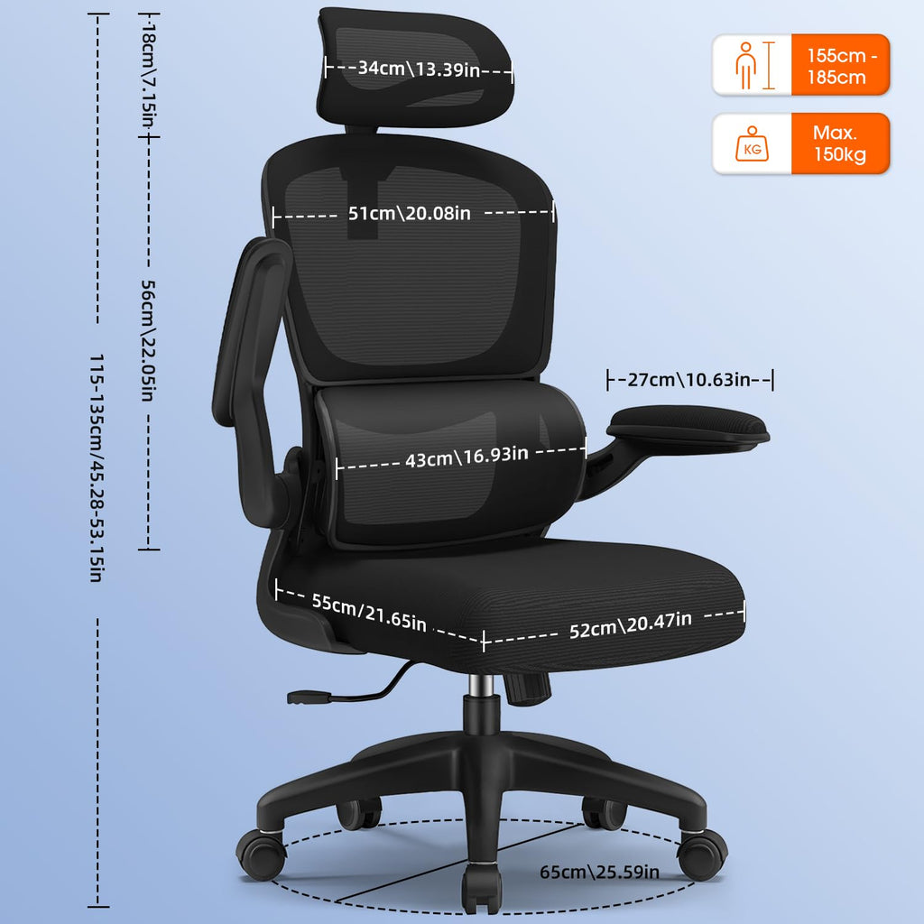 Bürostuhl, Bürostuhl Ergonomisch, Schreibtischstuhl mit Segmentierter Rückenlehne, Adaptiver Lendenstütze und 90°klappbaren Armlehnen, Schreibtischsessel Neigbar bis 135°, Office Chair mit Gummirollen