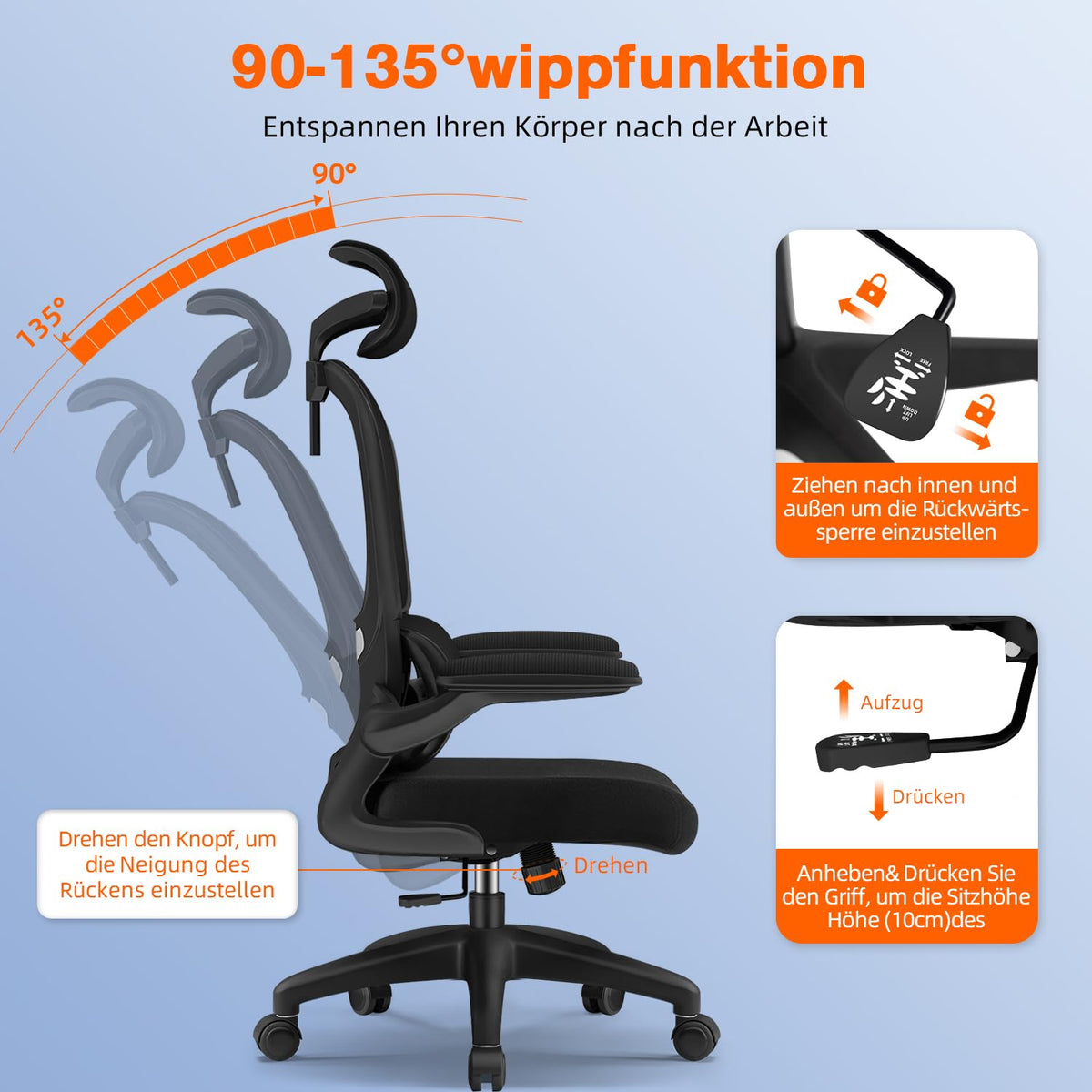 Bürostuhl, Bürostuhl Ergonomisch, Schreibtischstuhl mit Segmentierter Rückenlehne, Adaptiver Lendenstütze und 90°klappbaren Armlehnen, Schreibtischsessel Neigbar bis 135°, Office Chair mit Gummirollen