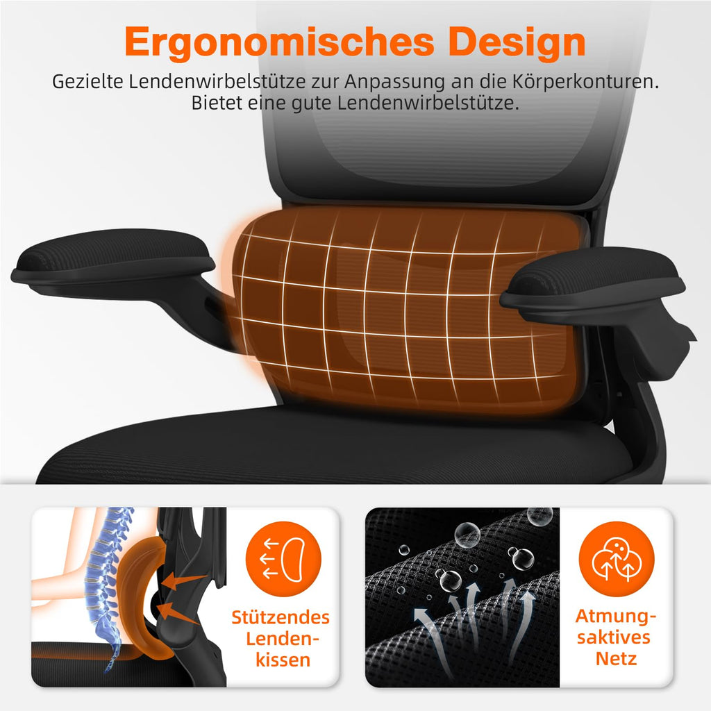 Bürostuhl, Bürostuhl Ergonomisch, Schreibtischstuhl mit Segmentierter Rückenlehne, Adaptiver Lendenstütze und 90°klappbaren Armlehnen, Schreibtischsessel Neigbar bis 135°, Office Chair mit Gummirollen